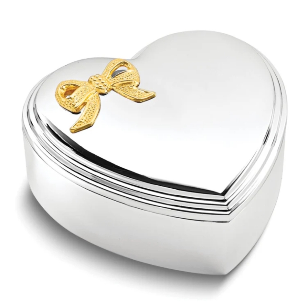 Heart-Shaped Silver Plated Jewelry Box with Gold Bow